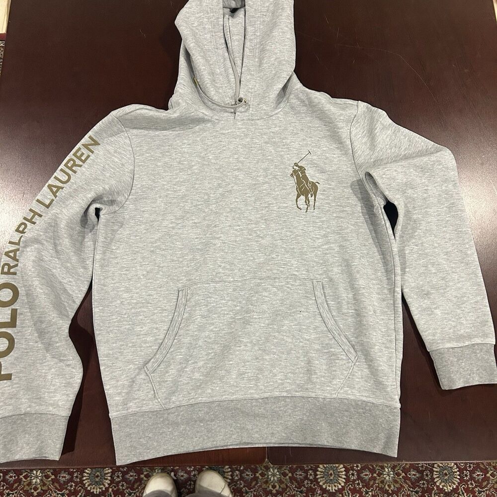 Polo Ralph Lauren Big Pony Double Knit Hoodie Grey Heather Gold Logo Men's M